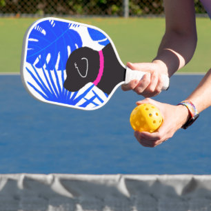 Blue Tropical Island Black Dog Pickleball Paddle