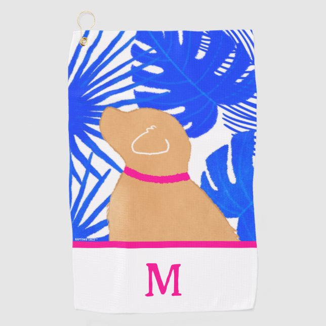 Blue Tropical Island Yellow Dog Golf Towel (Front)