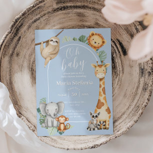 Blue Tropical Jungle Safari Animals Baby Shower Invitation