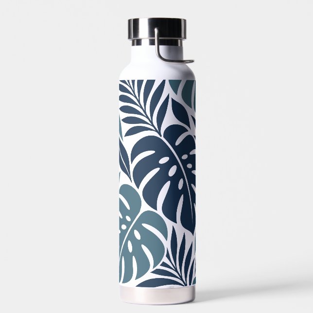 Blue Tropical Leaf Wrap Pattern Water Bottle (Left)