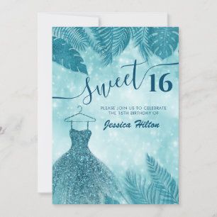 Blue tropical leaves dress sweet sixteen invitation