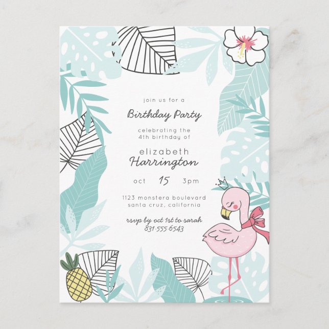 Blue Tropical Leaves | Flamingo Birthday Party Invitation Postcard (Front)