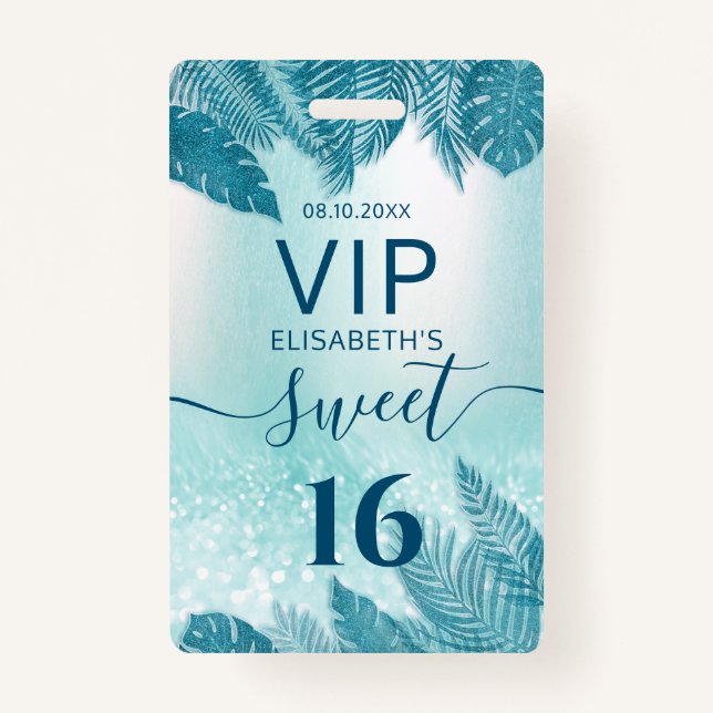 Blue Tropical leaves glitter script Sweet 16 VIP  ID Badge (Front)
