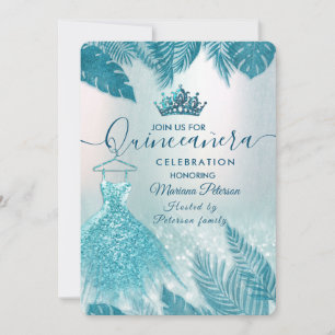 Blue Tropical leaves glitter tiara Quinceañera Invitation