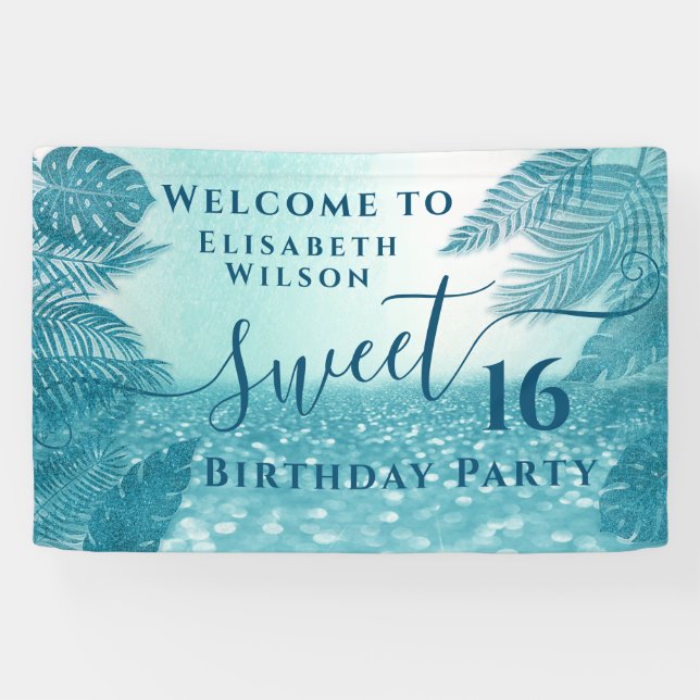 Blue tropical leaves glittery sweet sixteen banner (Horizontal)