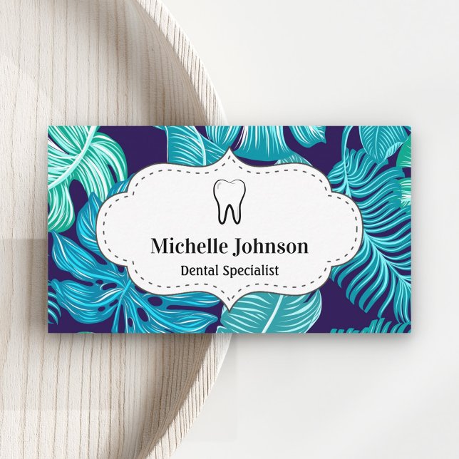 Blue Tropical Leaves Tooth Dental Clinic Dentist Business Card (Creator Uploaded)