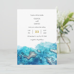 Blue Tropical Ocean Coral Watercolor Beach Wedding Invitation