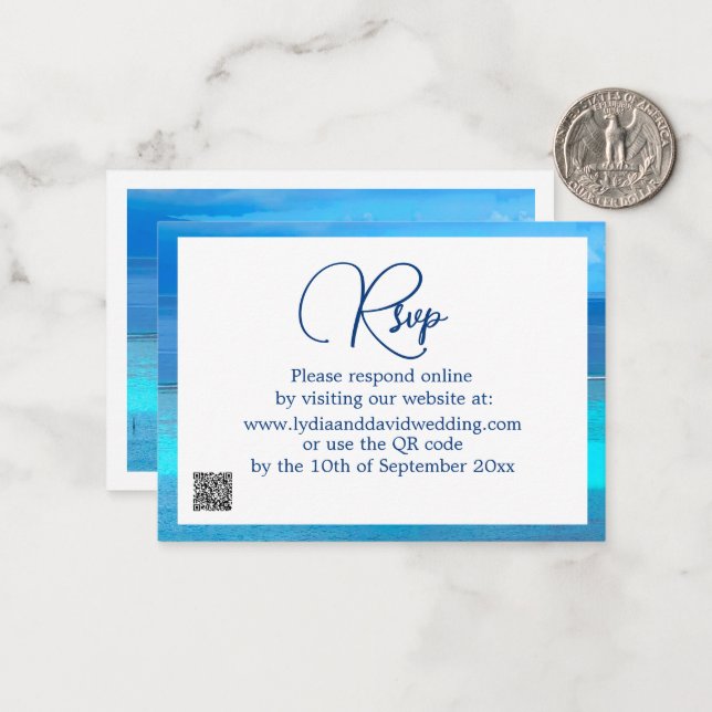 Blue Tropical  Ocean Destination Wedding RSVP Card (Front/Back In Situ)