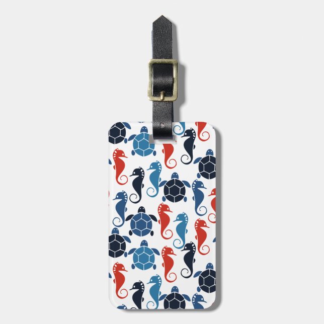 Blue Tropical Ocean Sea Turtle Seahorses Luggage Tag (Front Vertical)