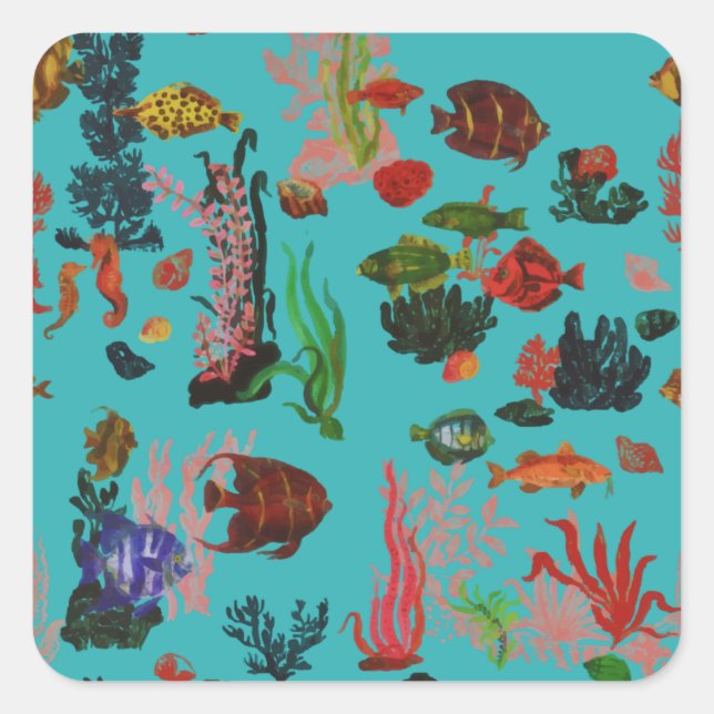 Blue Tropical Ocean Sealife Paradise Watercolor Square Sticker (Front)