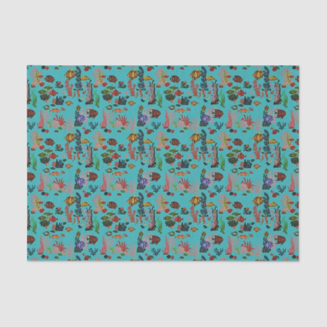 Blue Tropical Ocean Sealife Paradise Watercolor Tissue Paper (Front)
