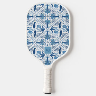 Blue Tropical Palm Tile Coastal Monogrammed Pickleball Paddle