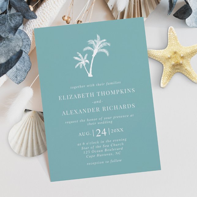 Blue Tropical Palm Tree Beach Wedding Invitation (Creator Uploaded)