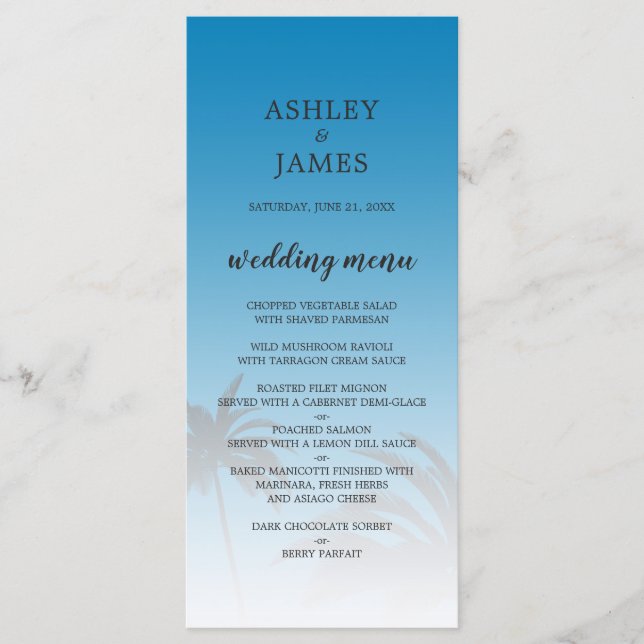 Blue Tropical Palm Tree Beach Wedding Menu (Front)