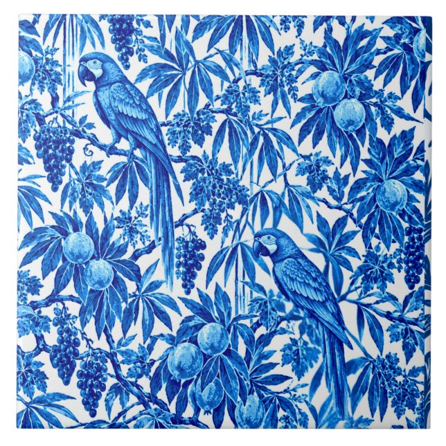 Blue Tropical Parrot Botanical Pattern Tile (Front)