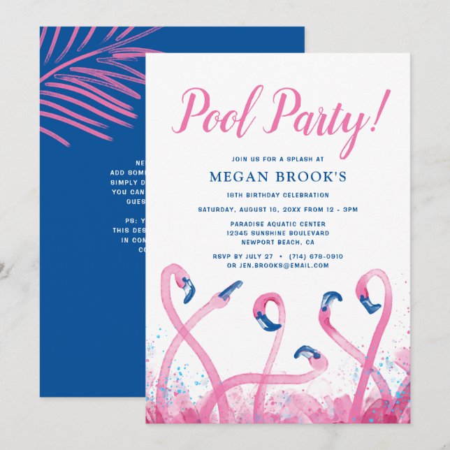Blue Tropical Pink Flamingo 18th Pool Birthday Invitation (Front/Back)