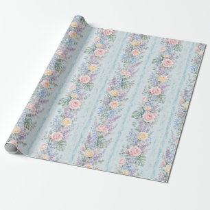 Blue Tropical Rose Floral Stripe Gift Wrapping Paper