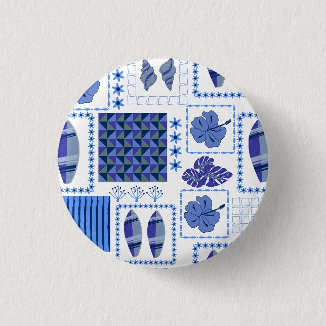 Blue Tropical Surfboard Hibiscus Pattern 3 Cm Round Badge (Front)