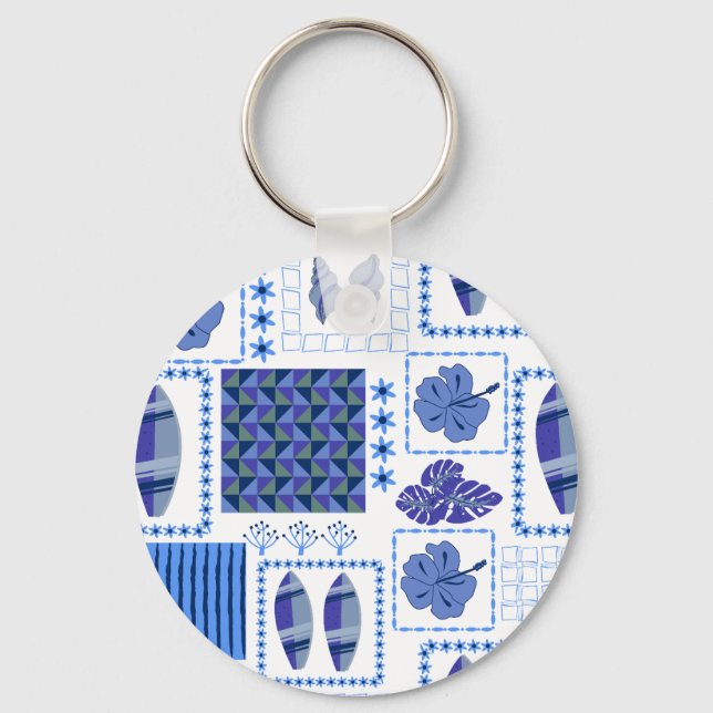 Blue Tropical Surfboard Hibiscus Pattern Key Ring (Front)
