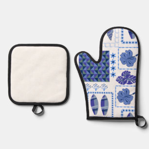 Blue Tropical Surfboard Hibiscus Pattern Oven Mitt & Pot Holder Set
