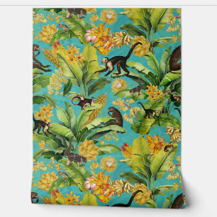 Blue Tropical Vintage Monkey Floral Rainforest Wallpaper