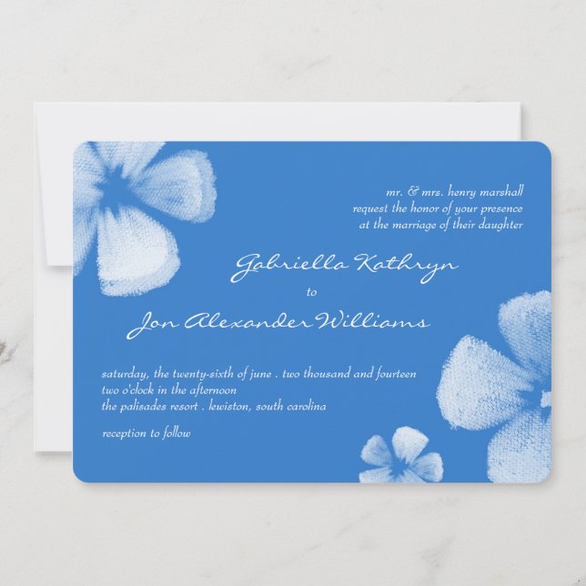 Blue Tropical Watercolor Flowers Wedding Invite (Front)
