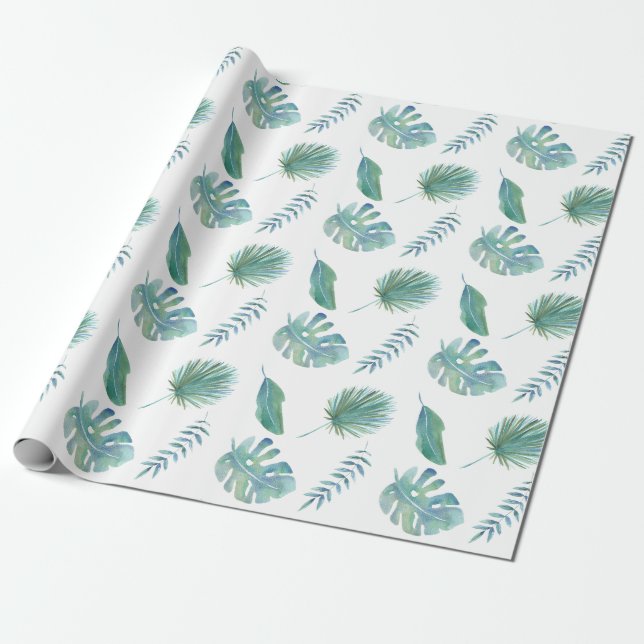 Blue Tropical Watercolor Leaves Birthday  Wrapping Paper (Unrolled)