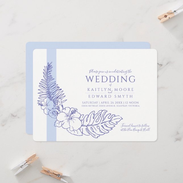 blue tropical wreath wedding invitation (Front/Back In Situ)