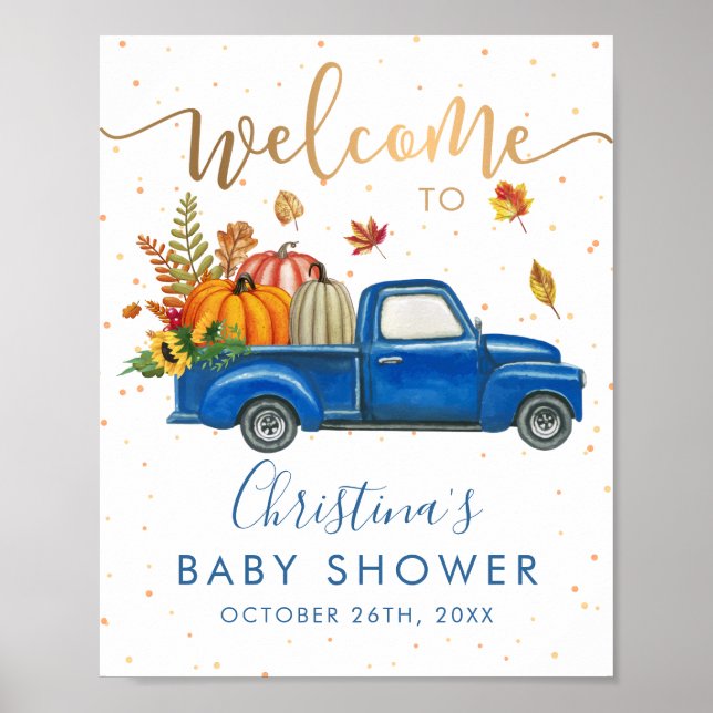 Blue Truck Autumn Pumpkin Fall Baby Shower Welcome Poster (Front)