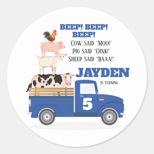 Blue Truck Birthday Sticker. Farm party sticker (Front)