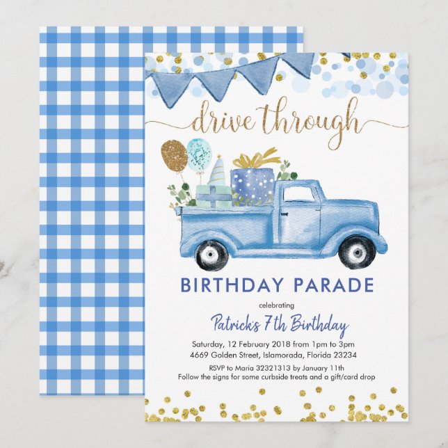 Blue Truck Boy Drive by Birthday Parade Invitation (Front/Back)