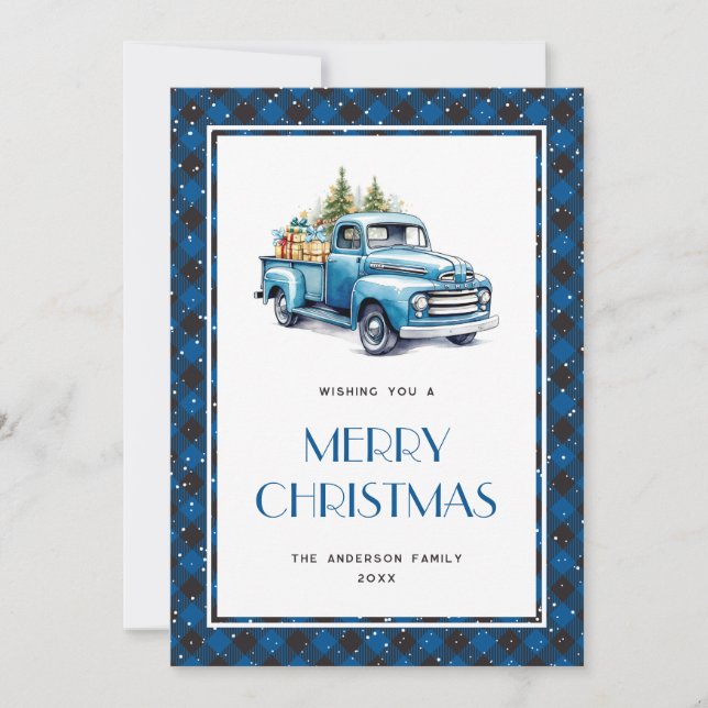 Blue Truck Buffalo Plaid Snow Merry Christmas Card (Front)