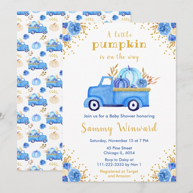 Blue Truck Fall Pumpkin Baby Shower Invitation (Front/Back)