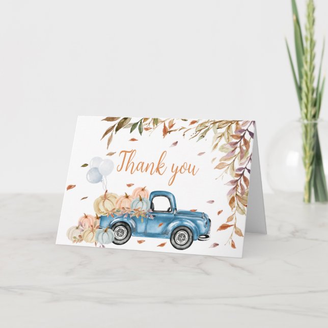Blue Truck Fall Pumpkin Baby Shower Thank You Card (Front)