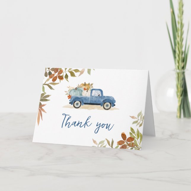 Blue Truck Fall Pumpkin Baby Shower Thank You Card (Front)