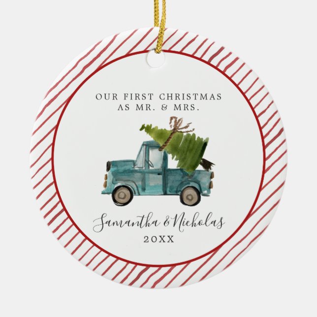 Blue Truck | First Christmas as Mr. & Mrs. Ceramic Tree Decoration (Front)