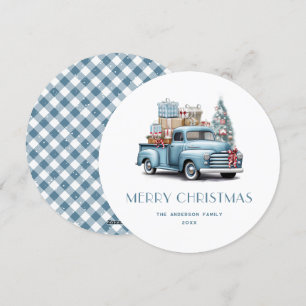 Blue Truck Gifts Snow Plaid Merry Christmas Card