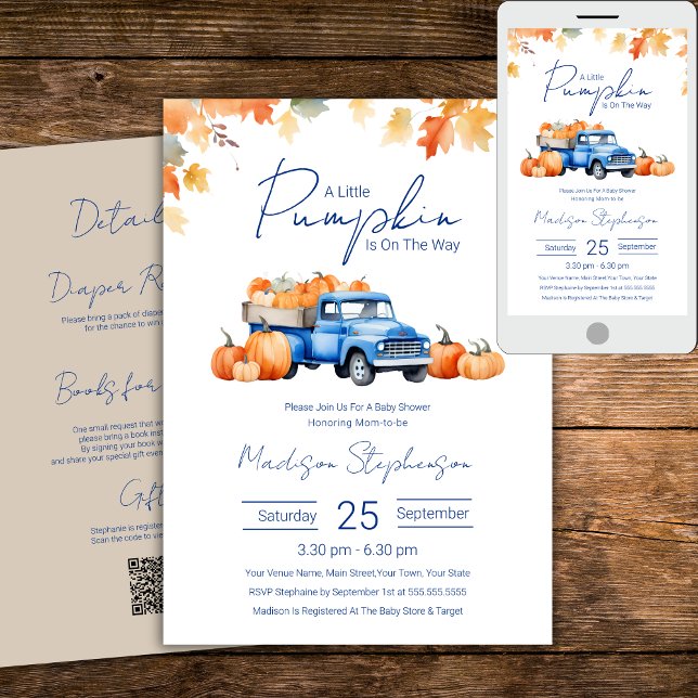 Blue Truck & Little Pumpkin on The Way QR Code  Invitation (Creator Uploaded)