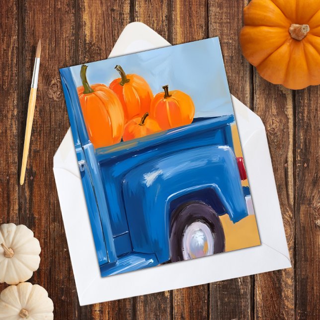 Blue Truck of Pumpkins Watercolor Thanksgiving Holiday Card (Creator Uploaded)
