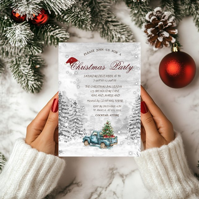 Blue Truck Pine Tree Snow Forest Christmas  Invitation (Creator Uploaded)