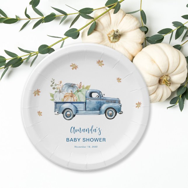 Blue Truck Pumpkin Baby Shower Paper Plate (Creator Uploaded)