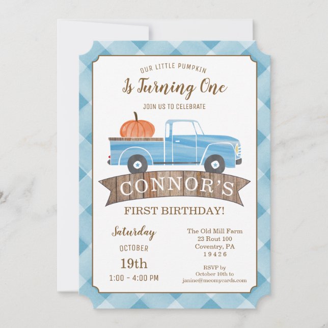 Blue Truck PUMPKIN Birthday Fall 1st Birthday Invi Invitation (Front)
