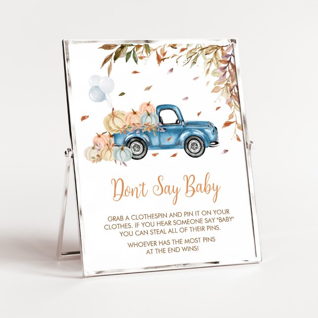 Blue Truck Pumpkin Don't Say Baby Baby Shower Poster (Boy Little Pumpkin Truck Baby Shower Don't Say Baby Sign)