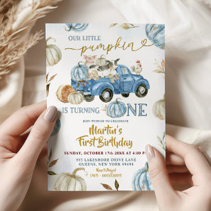 Blue Truck Pumpkin Farm 1st Birthday Boy Invitation