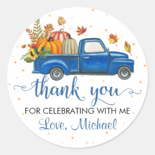 Blue Truck Pumpkin Leaves Autumn Party Thank You Classic Round Sticker