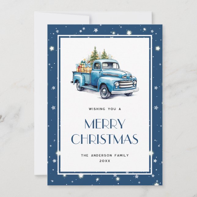 Blue Truck Tree Snow Stars Merry Christmas Card (Front)
