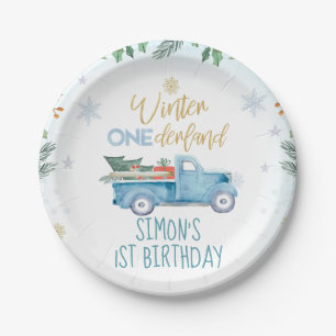Blue Truck Winter Onederland Birthday Paper Plate