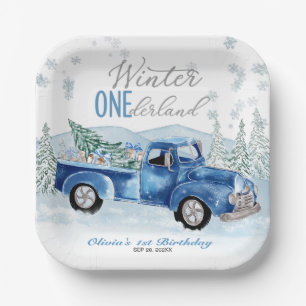 Blue Truck Winter Onederland Boy First Birthday Paper Plate