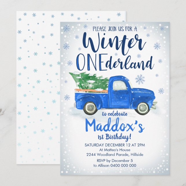 Blue Truck Winter ONEderland Invitation Boy 1st (Front/Back)