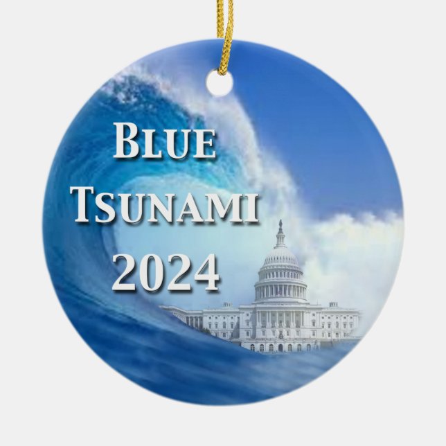 Blue Tsunami Election 2024 Ceramic Tree Decoration (Front)